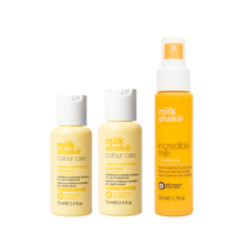 Load image into Gallery viewer, Three bottles of milk shake hair care products on a white background colour care, incredible milk