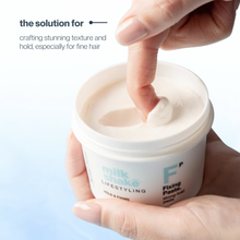Load image into Gallery viewer, Hand holding a jar of milk_shake fixing paste with text about hair styling.