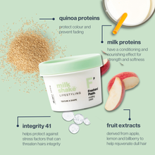 Load image into Gallery viewer, milk_shake freehand paste with quinoa, apple slices, and text about ingredients on a green background