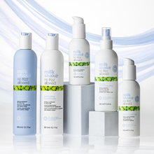 Load image into Gallery viewer, Set of milk_shake no frizz allowed hair care products on a light blue gradient background