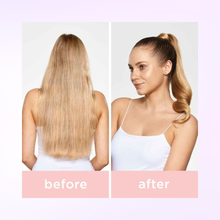 Load image into Gallery viewer, Before and after comparison of a woman with long blonde hair styled in a ponytail with milk_shake lifestyling