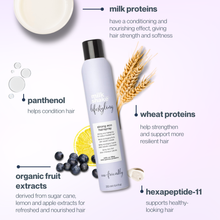 Load image into Gallery viewer, milk_shake strong eco hairspray with ingredients listed on a white background