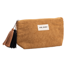 Load image into Gallery viewer, Brown textured pouch with a tassel and 'milk_shake' label on a white background