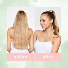 Load image into Gallery viewer, Before and after comparison of a woman with long blonde hair styled in a ponytail using milk_shake