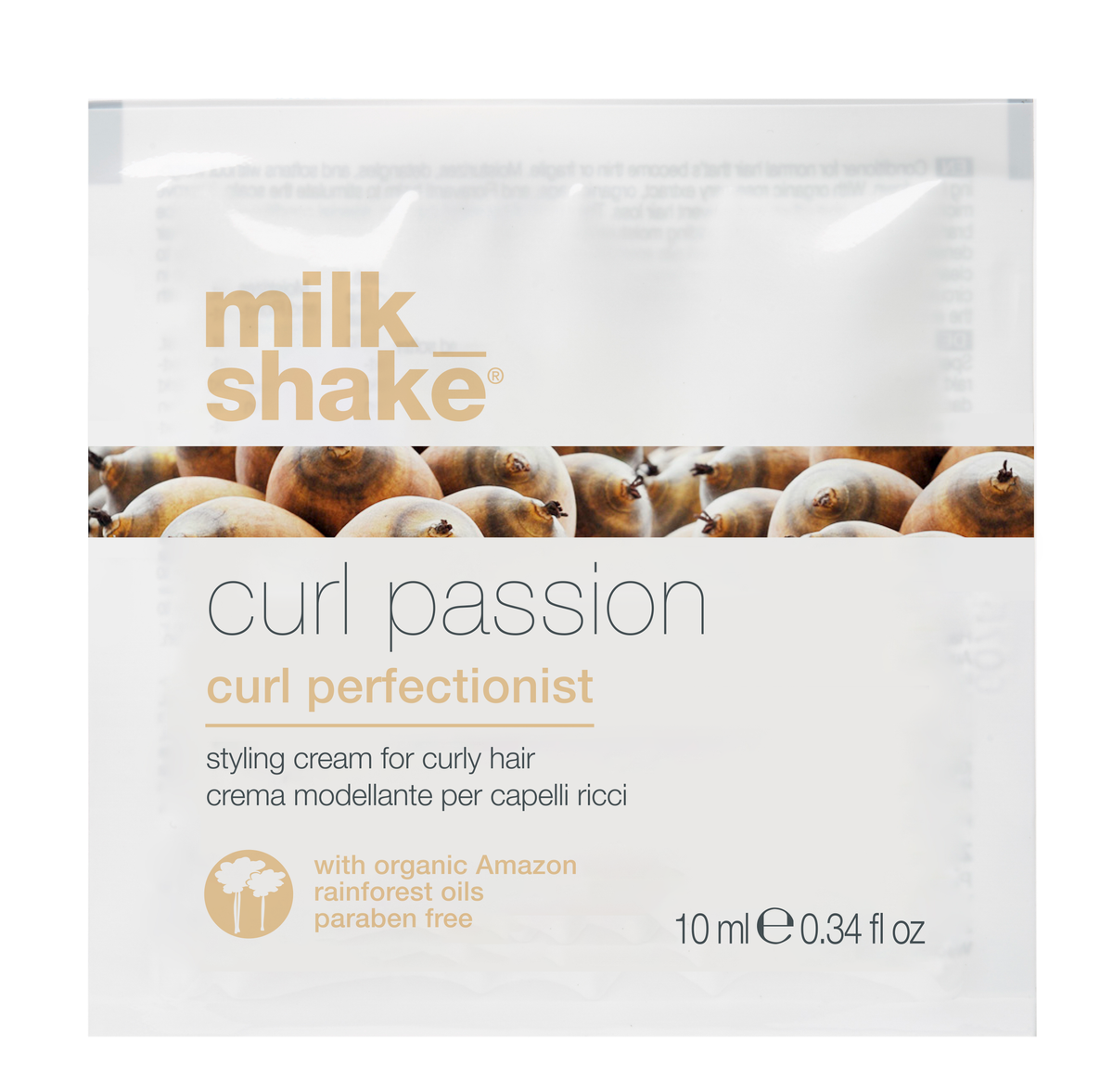 Milk Shake Curl Passion styling cream packaging with images of hair on a white background