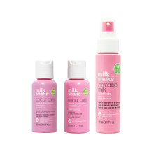 Load image into Gallery viewer, Three bottles of milk shake hair care products on a white background vegan flower vibes colour care, incredible milk
