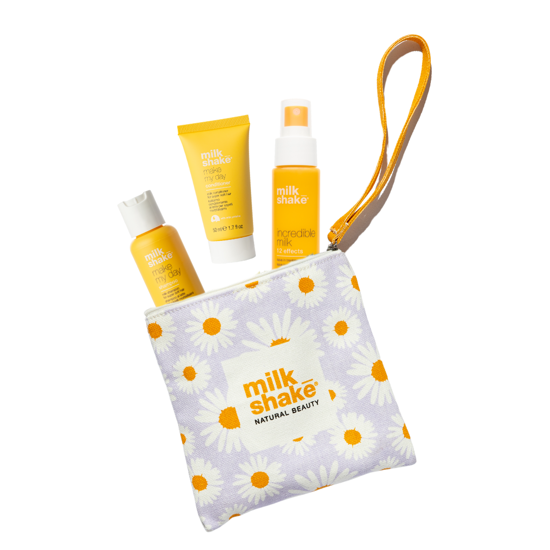 milk_shake hair care products including make my day and incredible milk in a daisy pouch