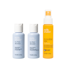 Load image into Gallery viewer, Three bottles of milk shake hair care products on a white background no frizz allowed, incredible milk
