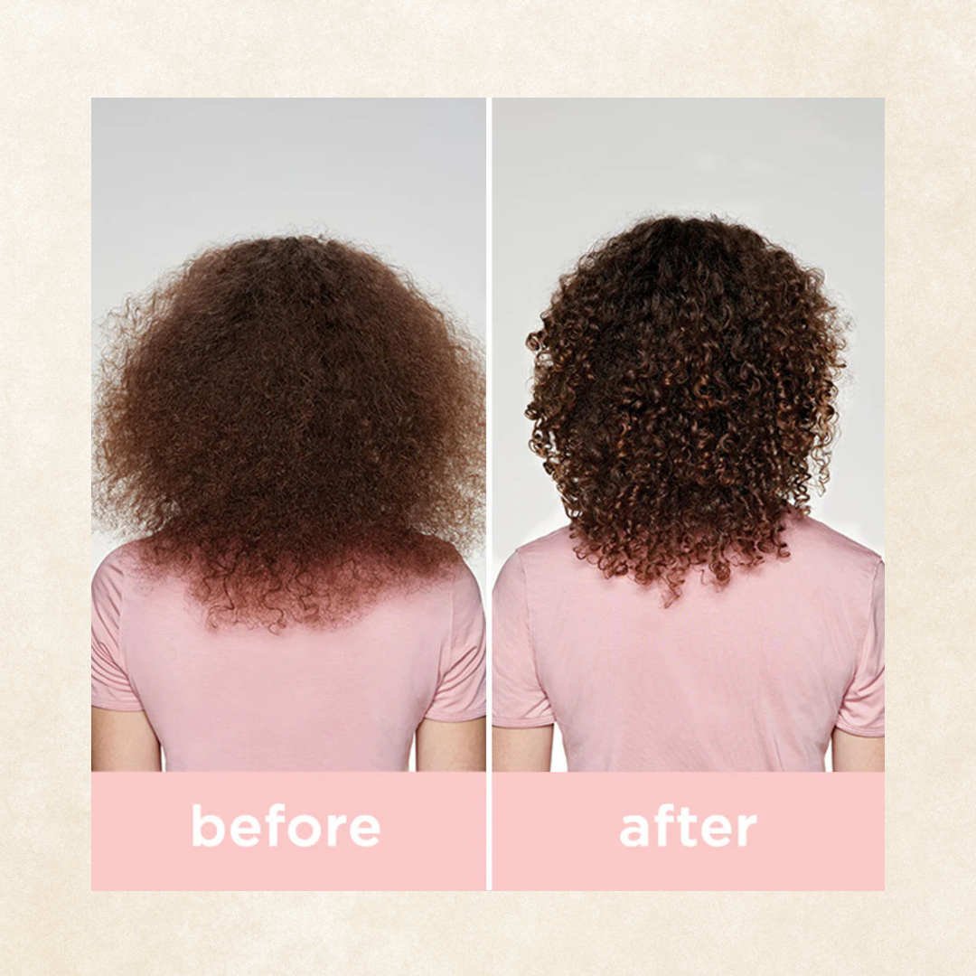 Before and after comparison of a person with curly hair, wearing a pink shirt on a plain background using milk_shake curl passion range