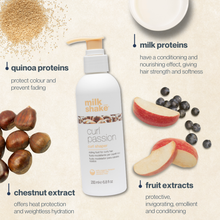 Load image into Gallery viewer, milk_shake Curl Passion product with ingredients like quinoa, chestnut, and fruit on a beige background
