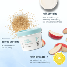 Load image into Gallery viewer, milk_shake lifestyling fixing paste with text about milk proteins, quinoa proteins, and fruit extracts on a light blue background.
