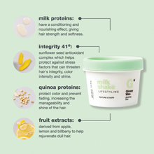 Load image into Gallery viewer, milk_shake glossy wax with text detailing ingredients and benefits on a light green background
