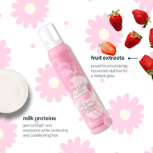 Load image into Gallery viewer, milk_shake Pink hair care product with strawberry elements and text about fruit extracts and milk proteins on a floral background.
