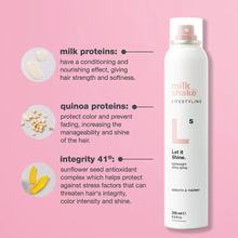 Load image into Gallery viewer, milk_shake let it shine spray with ingredients and benefits on a pink background
