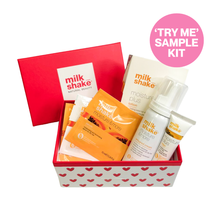 Load image into Gallery viewer, milk_shake hair care sample kit with red box and heart pattern on a white background
