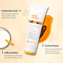 Load image into Gallery viewer, milk_shake  Moisture Plus conditioner bottle with a papaya half and text about ingredients on a beige background
