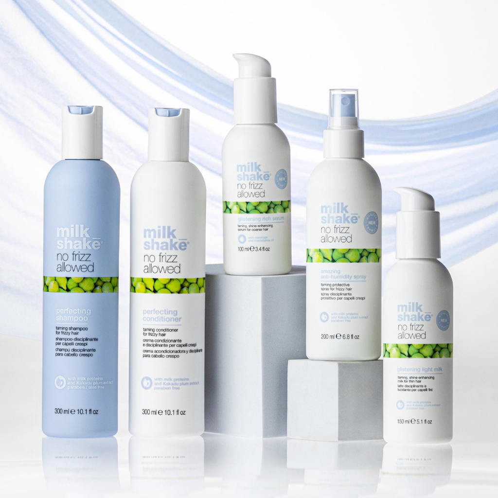 Set of milk_shake no frizz allowed hair care products on a light blue gradient background