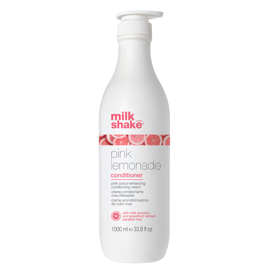 White bottle of milk_shake pink lemonade conditioner on a white background