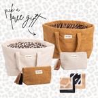 Set of bags and pouches with a free gift option on a patterned background