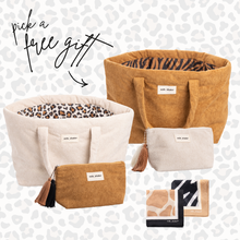 Load image into Gallery viewer, Set of bags and pouches with a free gift option on a patterned background
